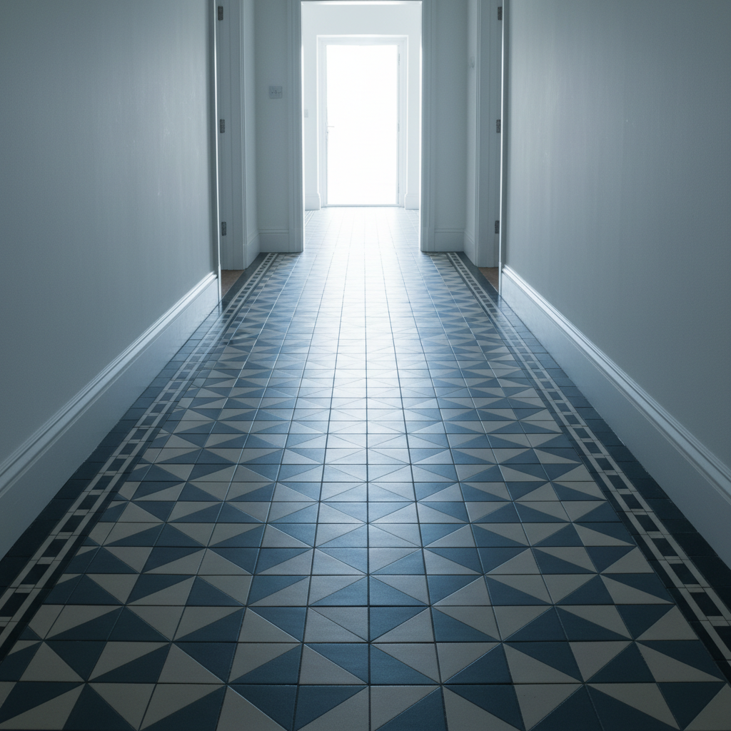 An elegant hallway in a Pembrokeshire coastal home featuring artisan encaustic tiles in a muted geometric pattern of slate blue, cream, and soft grey. The tiles form a seamless, perfectly aligned surface that runs from foreground to a distant, light-filled doorway. Cool, diffused daylight enters from the far end, producing gentle reflections on the slightly satin tile surface and faint, directional shadows between patterns. Photographic realism from a straight, eye-level perspective with leading lines guiding the viewer along the corridor. The surrounding walls are crisp white with simple skirting, creating a sophisticated, minimal backdrop that accentuates the craftsmanship and unique character of the bespoke tiling.