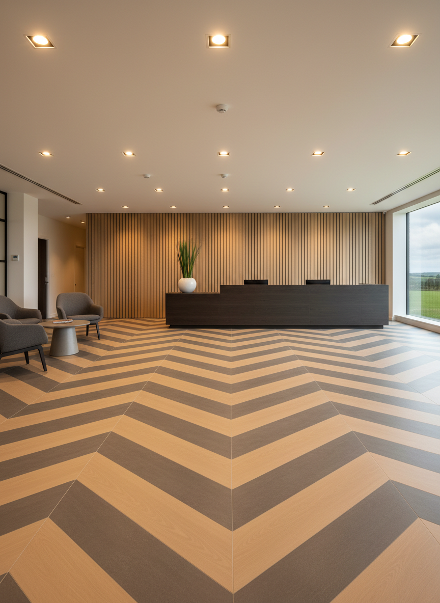 A sophisticated commercial reception area with bespoke LVT flooring in a contemporary chevron pattern, blending mid-grey and warm beige tones to echo the Pembrokeshire landscape. The flooring runs across the entire scene, leading toward a sleek, matte-wood reception desk and a feature wall clad in vertical timber slats. Discreet recessed ceiling lights provide even, warm illumination, creating subtle reflections on the LVT surface without glare. Photographic realism from a wide, slightly elevated angle, maintaining sharp focus for architectural clarity. The atmosphere is professional yet welcoming, emphasizing durability, precision installation, and high-end design suitable for business environments in West Wales.