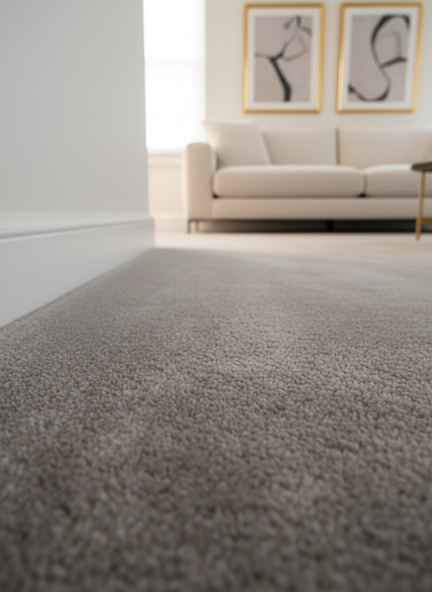 A refined lounge interior featuring a plush, deep-pile wool carpet in a muted dove-grey tone, stretching wall-to-wall with perfectly crisp edges against slim white skirting boards. The camera is positioned low and close to the carpet surface, capturing the fine fibers, soft texture, and subtle variations in shading where the pile has been brushed. Gentle, overcast natural light filters through a nearby window, creating a soft, even illumination with almost no harsh shadows. In the softly blurred background, hints of a minimalist sofa and framed artwork suggest a curated space. Photographic realism with shallow depth of field, conveying comfort, warmth, and understated luxury.