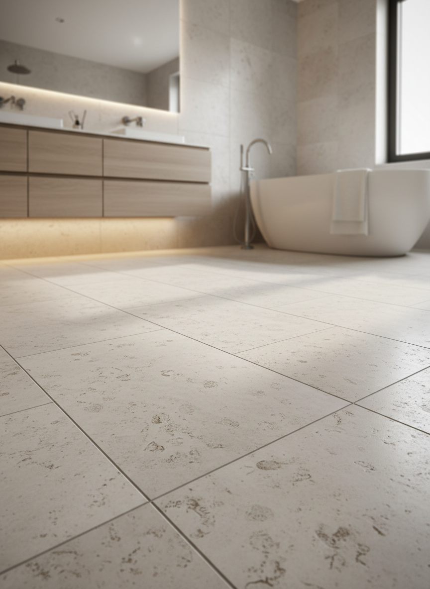 A luxurious, serene bathroom designed around natural stone flooring, with large-format pale limestone tiles laid in a precise, staggered pattern. Each tile reveals delicate fossil traces and subtle tonal shifts from cream to light taupe. Soft, indirect LED strip lighting under a floating vanity lightly grazes the stone, emphasizing its texture and casting a gentle glow across the floor. A freestanding white bathtub rests in the background, slightly out of focus. Photographic realism from a slightly elevated corner angle, sharp focus on the stone surface, with a calm, spa-like mood and a sophisticated, contemporary aesthetic that highlights the quality of the natural materials.
