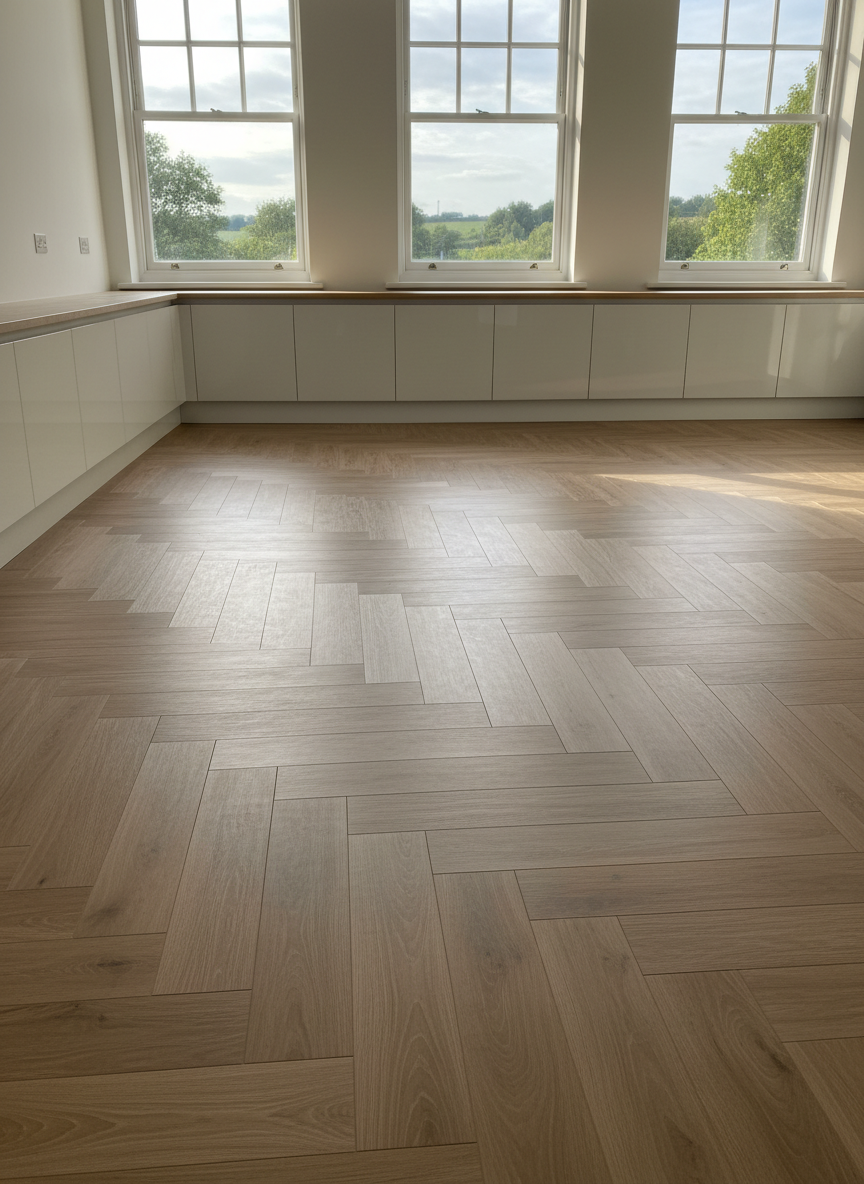 A meticulously installed herringbone LVT floor in warm smoked oak tones, every plank showing subtle grain and beveled edges, stretching across a bright, contemporary living space. Low white built-in cabinetry lines one wall, and large sash windows reveal a glimpse of leafy West Wales countryside beyond. Soft afternoon natural light pours in, grazing the floor and emphasizing its texture with gentle, elongated shadows. Photographic realism at eye-level, with the composition using the rule of thirds to lead the viewer along the pattern, background slightly softened to keep the focus on the craftsmanship and luxurious finish, creating a calm, sophisticated and welcoming atmosphere.