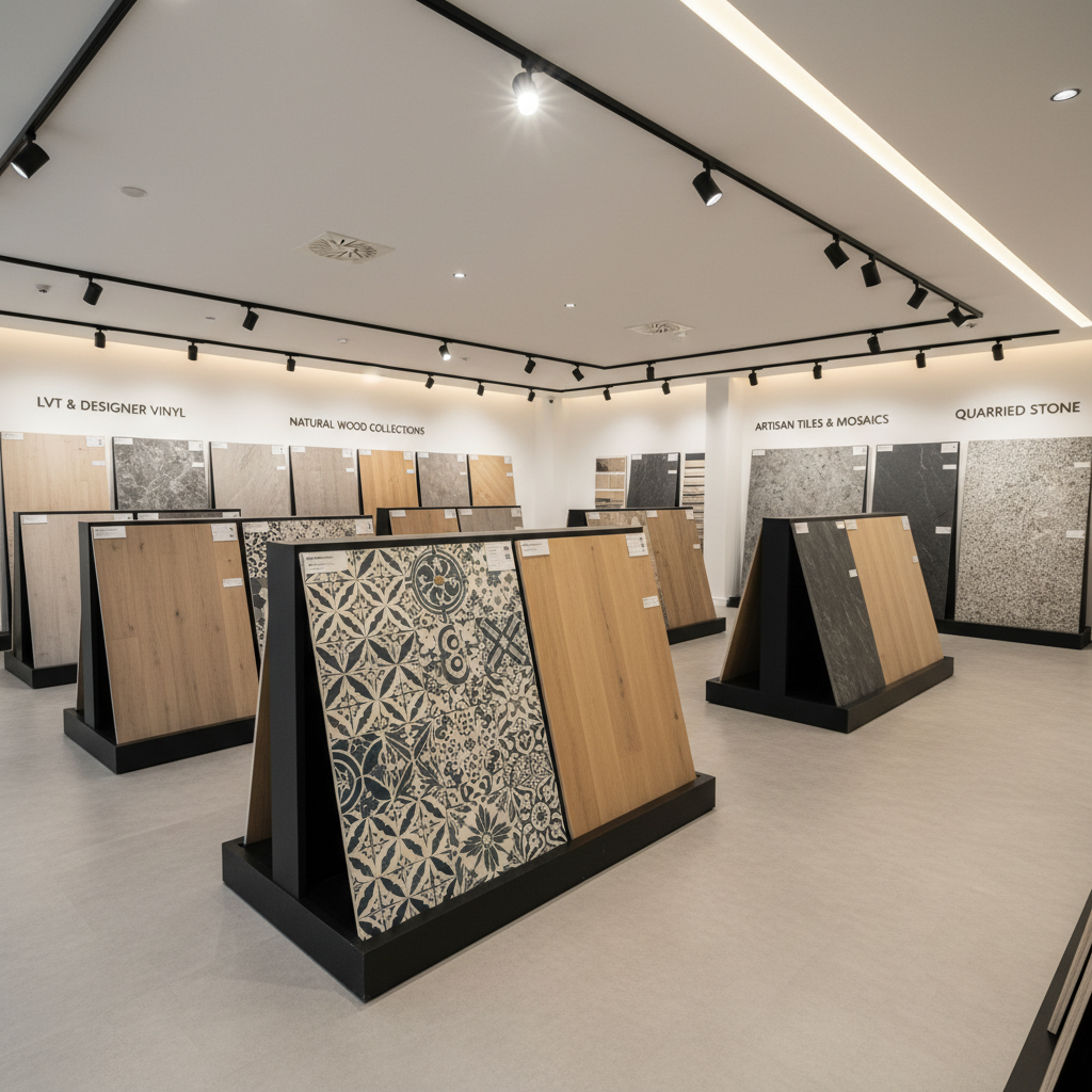 A wide, cinematic view of a bespoke retail flooring showroom interior in Haverfordwest, with perfectly arranged sample boards of LVT, real wood planks, artisan tiles, and natural stone panels displayed on elegant matte-black stands. The floor is a seamless, neutral-toned LVT that reflects just a hint of the overhead track lighting. Warm, diffused LED lights wash the displays, creating soft highlights and minimal shadows. The space feels curated and gallery-like, with clean white walls and subtle signage. Photographic realism from a slightly elevated angle, sharp focus throughout, conveying a refined, sophisticated atmosphere that emphasizes choice, quality, and expert presentation, without any human presence.